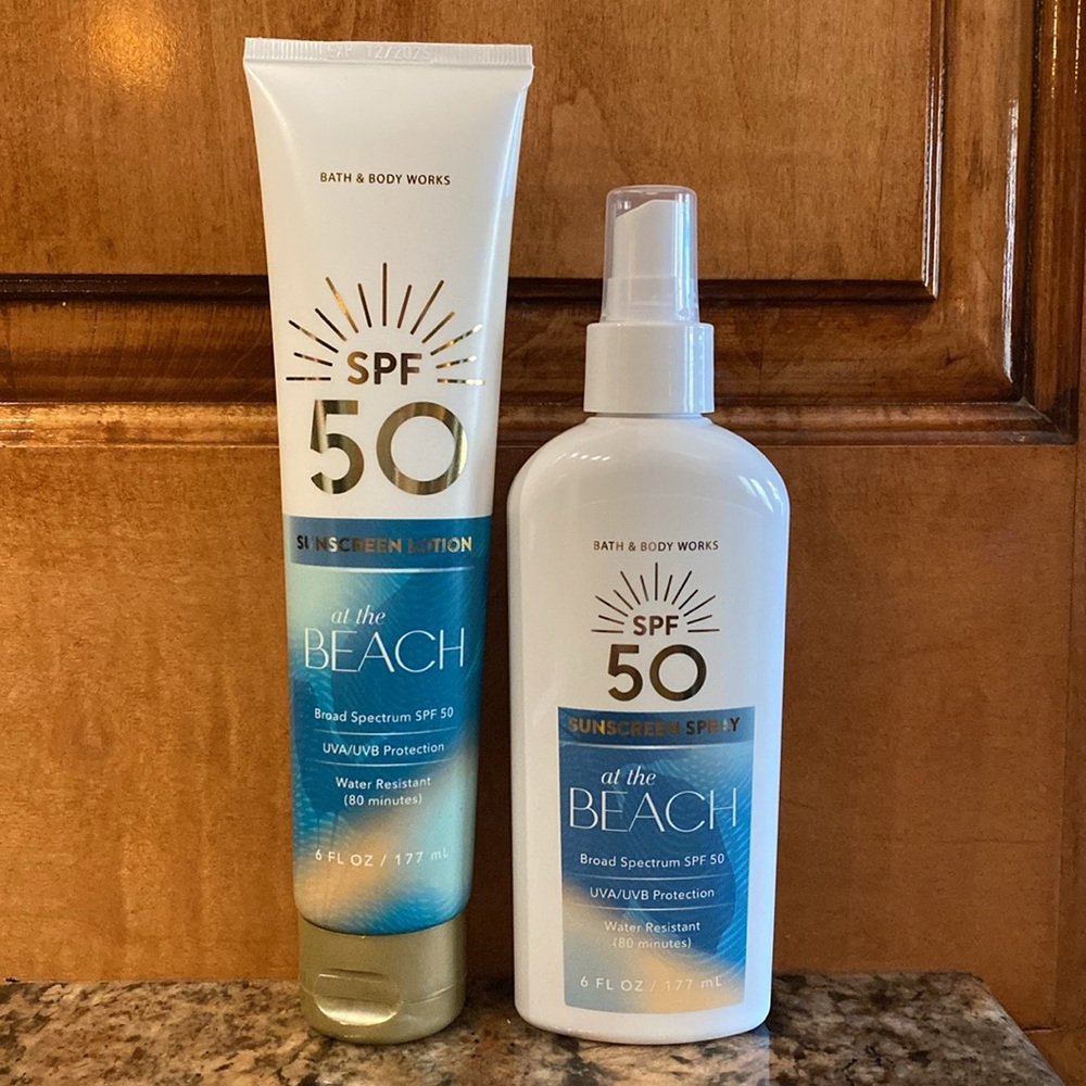 SPF-50 “At The Beach” BBW, Sunscreen 1-Lotion & 1-Spray, UVA/UVB Protection, NWT